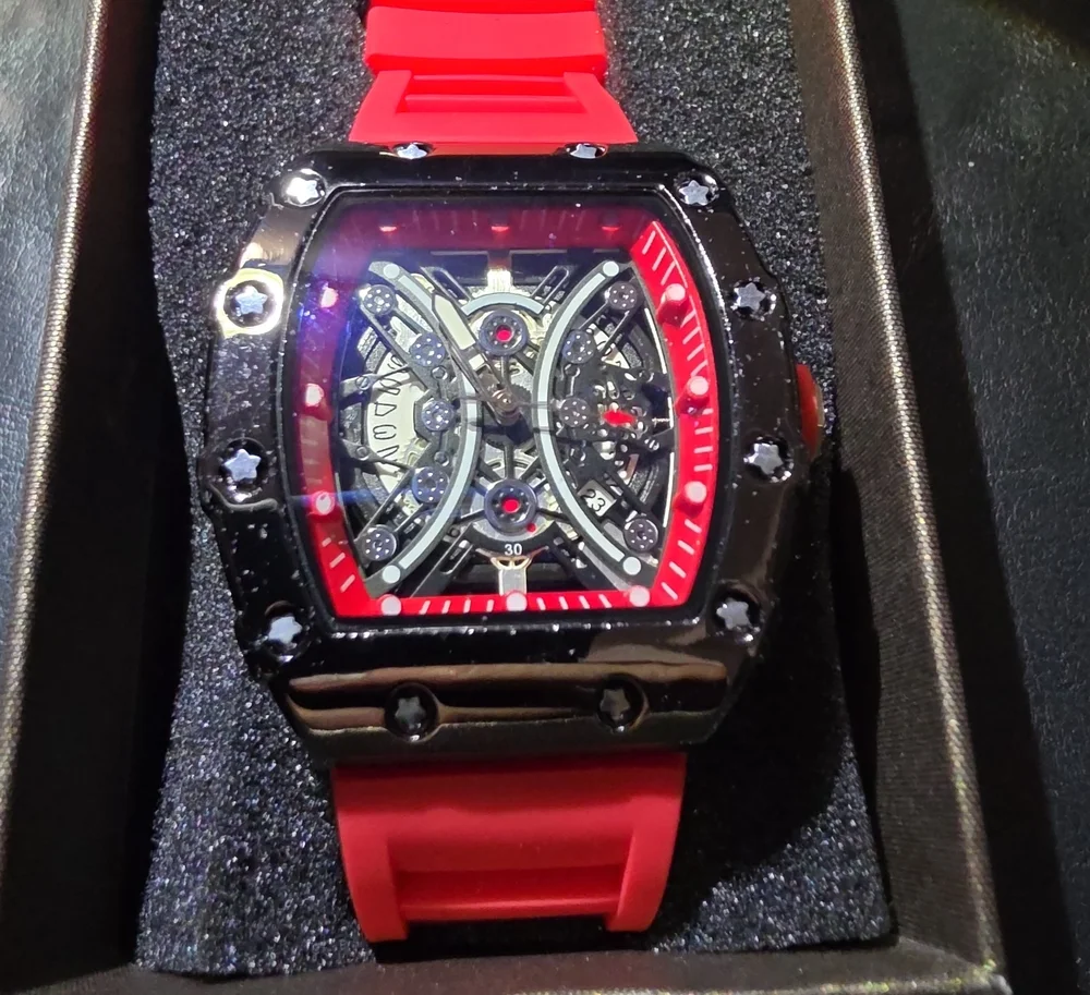 Red Skeleton Dial Men's Sport Watch with Red Silicone Strap